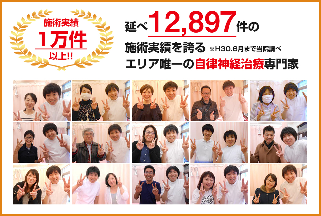 施術実績1万件以上！！延べ12,897件の施術実績を誇るエリア唯一の自律神経治療専門家